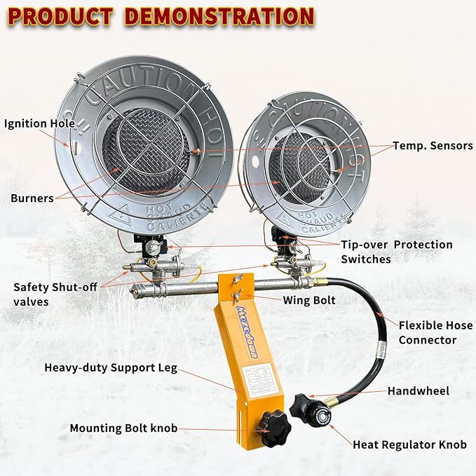 Propane Tank Top Heater 30000 BTU, Indoor/Outdoor With 3 Heating Levels, Tip-Over Protection, Portable LP Gas for Camping, Tent, Garage, Patio, RV Travel, Ice Fishing - Yellow