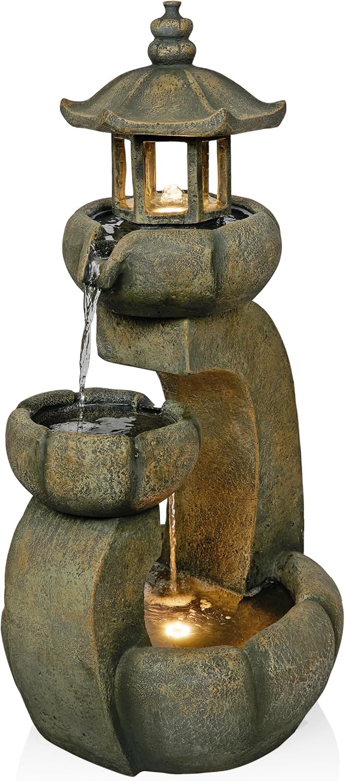 Alpine Corporation 32" Tall 2-Layer Pagoda Polystone Fountain with LED Lights, Cascading Waterfall, Outdoor Garden and Patio Water Feature, Zen Decor, Relaxing Sound, Brown