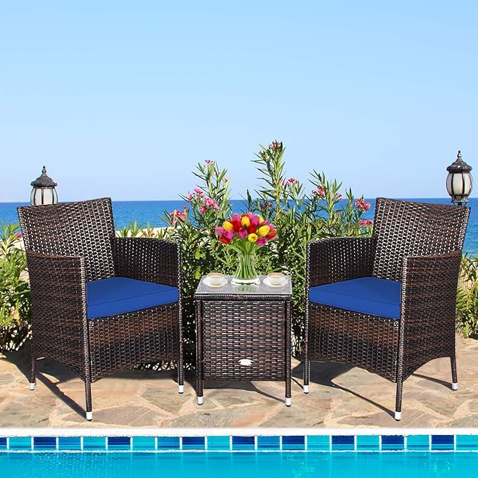 HAPPYGRILL 3 Piece Patio Furniture Set Outdoor Rattan Wicker Conversation Set with Coffee Table Chairs & Thick Cushions Bistro Sets for Patio Garden Lawn Backyard Pool