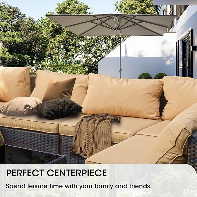 Grezone 5 Piece Patio Furniture Set with 44" Fire Pit Table, Outdoor Sectional Couch, PE Rattan Patio Conversation Sets with 4inch Cushions for Backyard Beige