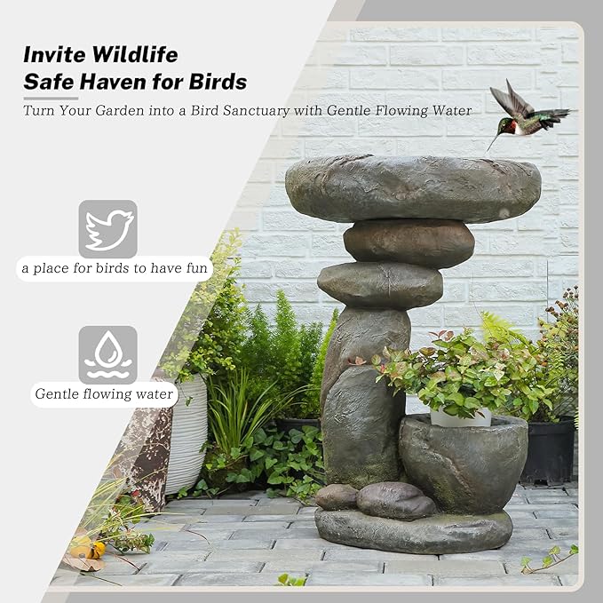 27.6" Tall Outdoor Fountain for Garden, Patio, Yard – Vertical Space-Saving Design, Made of Resin & Fiberglass Composite – No Pump/Lights Included