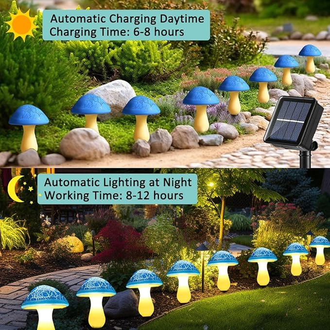 Solar Mushroom Lights Garden Decor 8 Blue Crack Mushrooms Outdoor Decor Stake Lights, Waterproof Solar Pathway Light Gardening Gifts for Landscape Easter Gnomes Yard Halloween Christmas Decorations