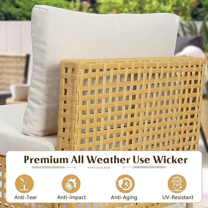 LHBcraft 7-Piece Wicker Outdoor Patio Furniture Set, Modular Rattan Outdoor Furniture, Patio Conversation Sets, Handmade Rattan, Water Resistant Fluffy Cushions and Coffee Table, Beige