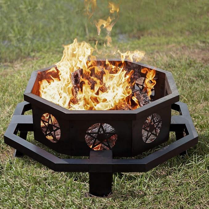 Verdeluxe 43 Inch Octagonal Fire Pit with Cooking Grill,Outdoor Wood Burning Fire Pit for Camping Outside Picnic Bonfire,Heavy Duty Firepit for Backyard Garden Patio - Image 8
