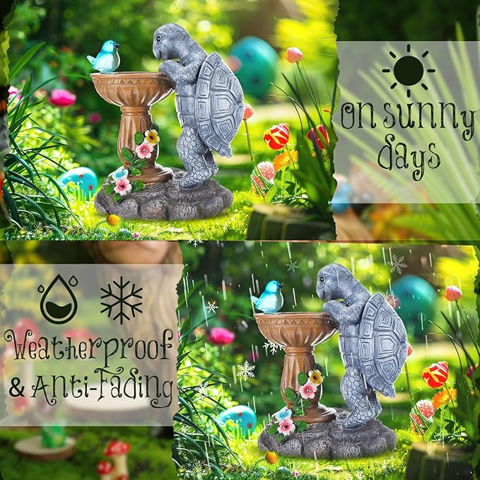 Turtle Birdbath Outdoor Garden Decor 10.25 Inch Solar Bird Turtle Statues Ornaments with Succulent and Solar LED Lights for Outside Decorations Yard Art Lawn Porch Patio Housewarming Gifts
