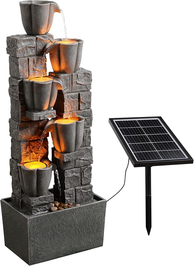 Cheng Pin Solar Powered Outdoor Water Fountain -38.2 in. Tall 4 Tiers Waterfall Fountain with Tulip Design and LED Lights,Create Outside Natural Water Feature for Garden,Patios,Lawns,Grey