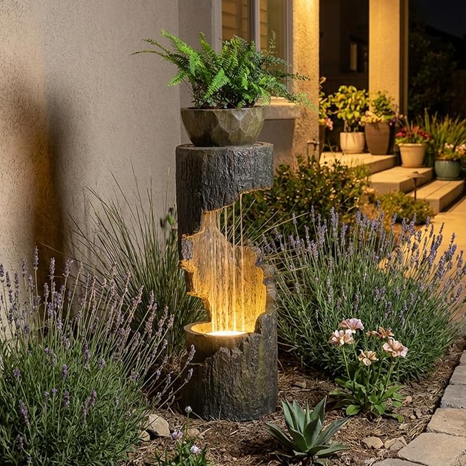 Outdoor Fountain Garden - Patio Waterfall Fountain with Lights, Rustic Wood-Style Cascading Waterfall with Planter Bird Feeder, Resin Water Feature for Deck, Patio, Backyard or Porch, 33.9" H