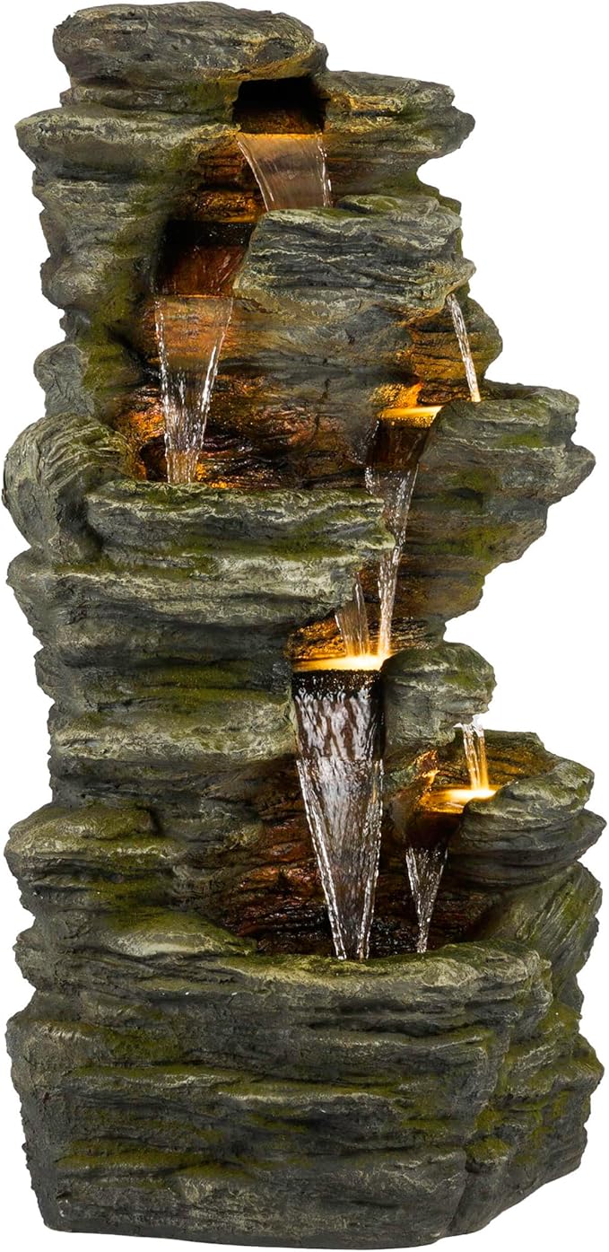 Alpine Corporation WIN1092 Outdoor Multitiered Rock Waterfall Floor Fountain with Warm White LED Lights, 51" Tall, Brown