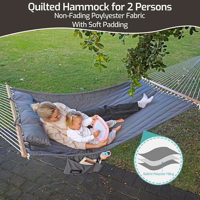 CHULIM Double Quilted Fabric Hammock with Hardwood Spreader Bars and Pillow 450 LBS Capacity 2 Person Large Hammock for Outdoor Patio Backyard Poolside - Terracotta - Image 2
