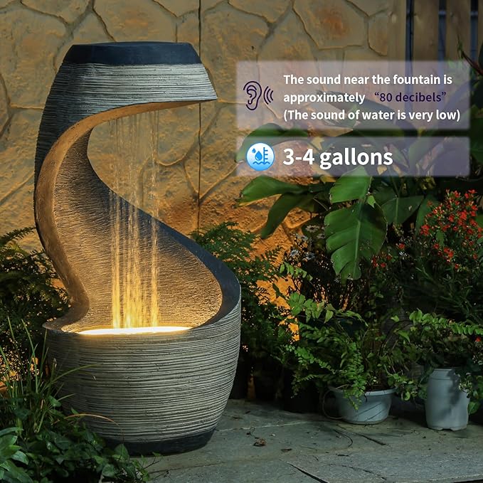 37" H S-Curve Waterfall Fountain, Floor-Standing Outdoor Water Fountain with Light, Modern Garden Water Feature Outdoor Rainfall Indoor Waterfall Feature for Patio Garden Decor