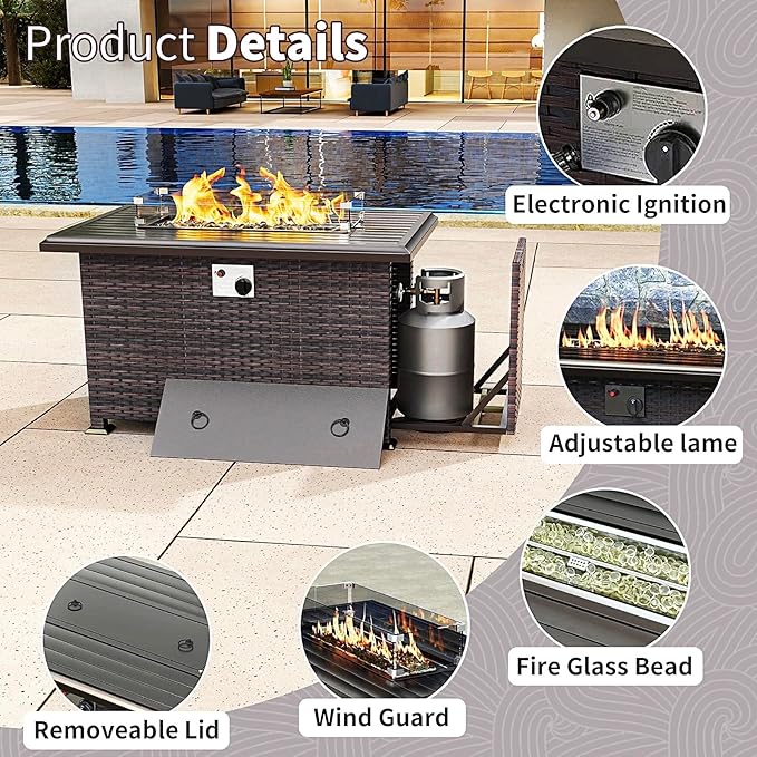 Gotland 15 Pieces Patio Furniture Set with Fire Pit Table, All Weather Rattan Outdoor Furniture with 29.5'' High Backrest 4’’ Thick Cushions Coffee Table, Patio Set for Porch, Deck, Backyard, Red