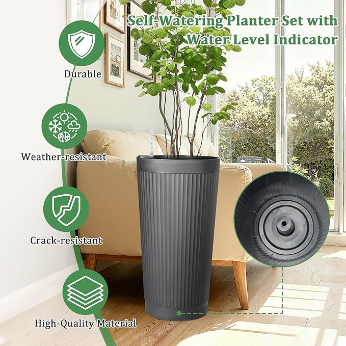 Self-Watering 24in Plastic Round Planter with Vertical Ribbed Design – Indoor Outdoor Flower Pot for Plants, Herbs, and Small Trees, Set of 2