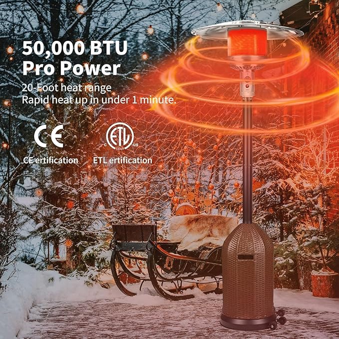 50,000 BTU Outdoor Propane Patio Heater with Wheels – Wicker-Style Propane Tank Cover, Weighted Base, Easy Ignition & Safety Tilt Shut-Off for Patio & Outdoor Living Spaces