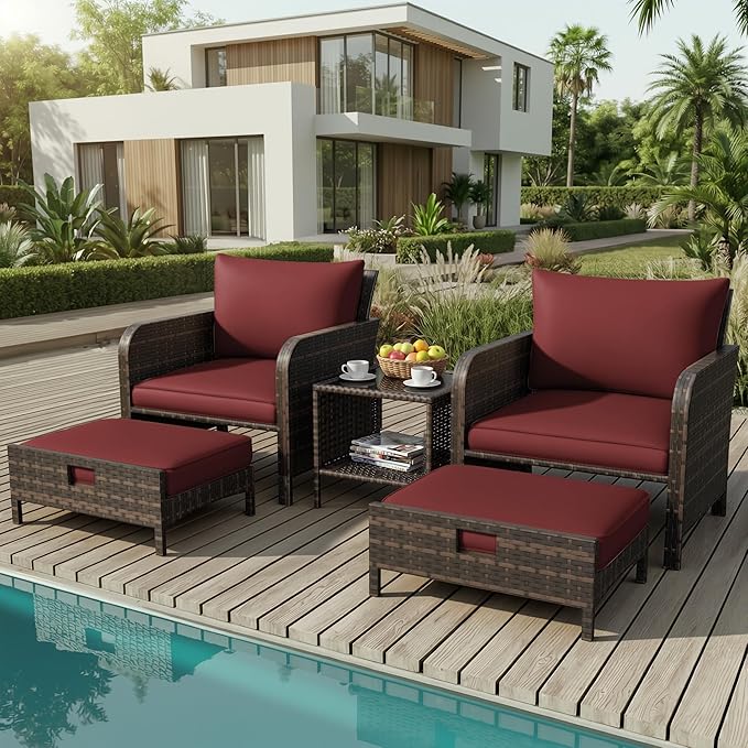 LEVELEVE Patio Conversation Set 5 Piece, Balcony Furniture Outdoor PE Rattan Wicker Lounge Chairs with Soft Cushions, 2 Ottomans & Glass Table for Porch Lawn, Brown (Wine Red Cushions