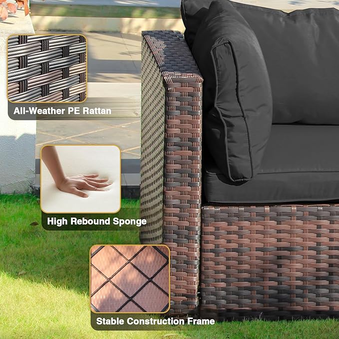 13 Piece Patio Furniture Set All Weather PE Rattan Outdoor Sectional Sofa Couch with No-Slip Cushions and Glass Top Table for Garden, Poolside, Backyard (Black)