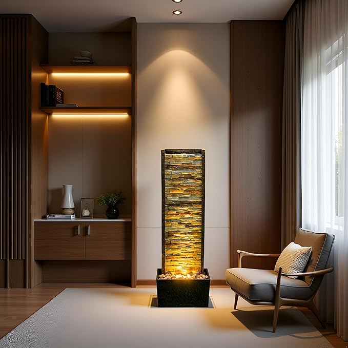 Cheng Pin Indoor Water Fountain -Staggered Stone Wall Design,Create Relaxing Ambiance to Decor Your Living Room,Office,Bedroom Or Outdoor Garden with Waterfall Water Feature and LED Lights,38in. Tall