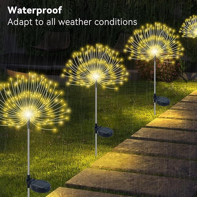 Solar Garden Lights Outdoor Waterproof, 2 Pack 120 LED Solar Firework Lights Decorative Garden D??cor Outside for Flowerbed Pathway Party Christmas Decoration, Warm White