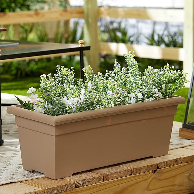 The HC Companies 28 Inch Romana Planter Box with Drainage Plug, Lightweight UV-Resistant Plastic Outdoor Planters, 1-Pack Flower Box for Garden, Patio, Balcony, and Fence, Cappuccino