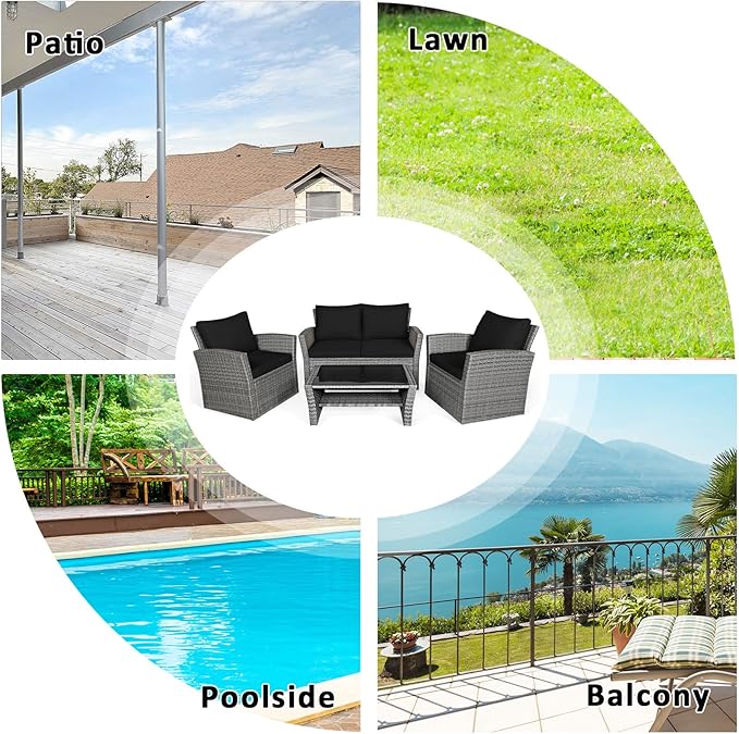 COSTWAY 4 Pieces Patio Rattan Furniture Set, Outdoor Wicker Sofa Set with Tempered Glass Coffee Table, Cushions, All Weather Rattan Conversation Set for Yard Balcony Backyard Pool (Black)