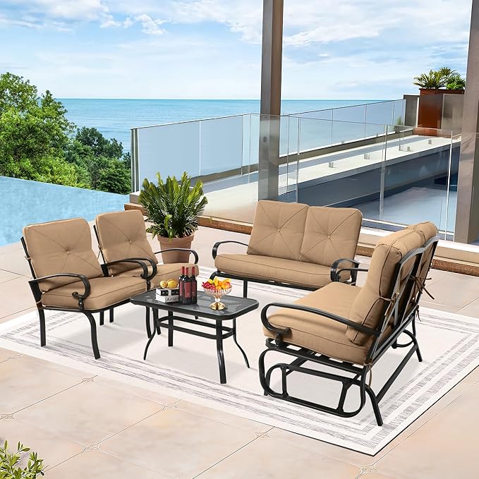 5 Pcs (6 Seats) Outdoor Patio Furniture Conversation Sets, Glider, Loveseat and Coffee Table, 2 Single Chairs with Cushions (Brown)