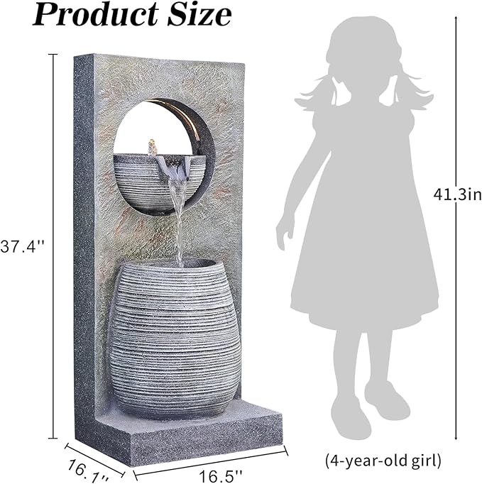 37.4’’ Tall Water Fountain Outdoor Modern Garden Fountains Layered Bowl Waterfall with LED Lights Top Planter Area for Garden, Patio, Yard, Office, Porch Home Art Decor