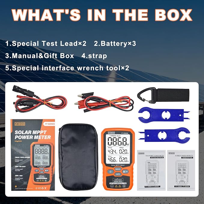 ZIBOO FT-2000W Solar Panel Tester MPPT Meter - 2000W Max Power, 150V/35A PV Module Tester for Voc/Isc, Open Circuit Voltage & Short Circuit Current, with Backlight & Data Hold - Image 9