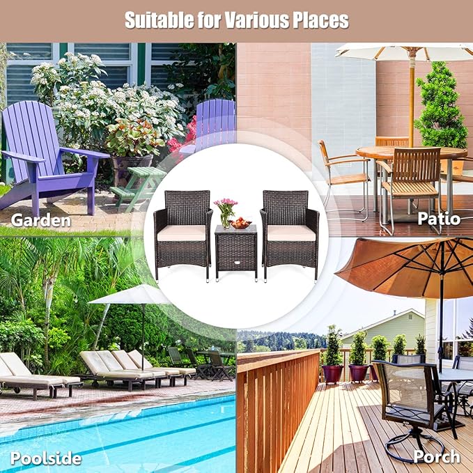 HAPPYGRILL 3 Piece Patio Set Wicker Rattan Furniture Set Outdoor Rattan Conversation Set with Coffee Table Chairs & Thick Cushions Bistro Sets for Patio Garden Lawn Backyard Pool