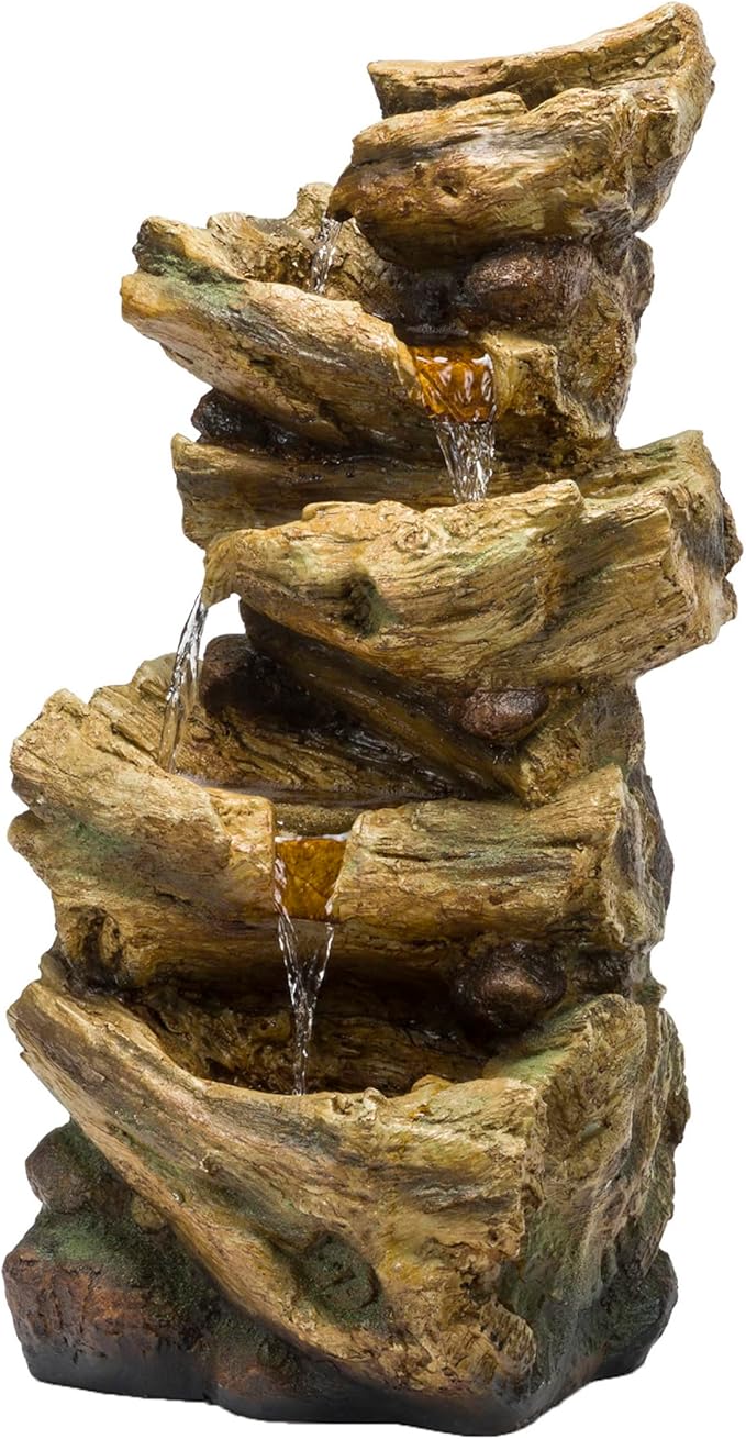 Alpine Corporation TZL226 Outdoor 4 Tier Log Tree Trunk Waterfall Floor Fountain with LED Lights, Tiered Garden Décor, 24" H, Brown
