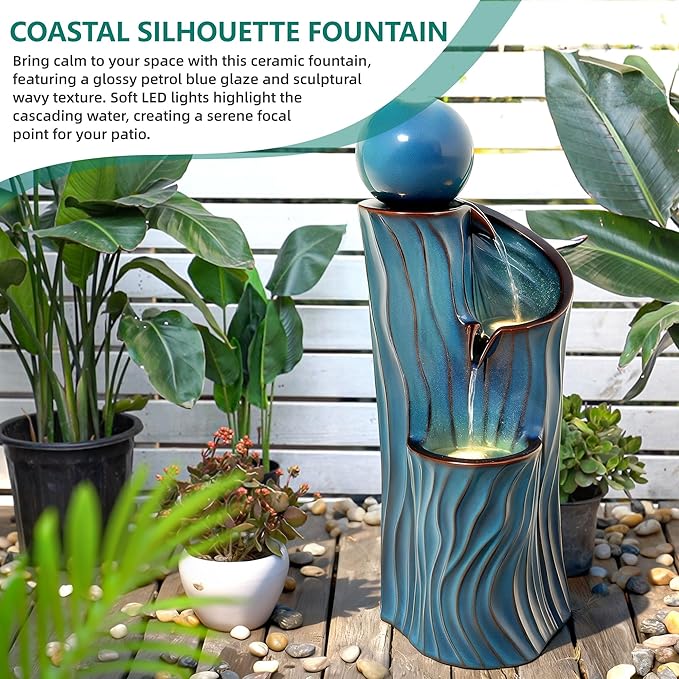 32" H Ceramic Outdoor Water Fountain with LED Lights, 3-Tier Cascading Sphere Water Feature, Tranquil Waterfall for Relaxing Garden, Patio, Yard, or Porch, Turquoise, Dynamic Wave-Texture
