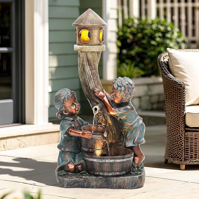 31" Boy & Girl Outdoor Water Fountain with LED Lights, Pagoda and Wood Barrel Garden Fountain, 3-Tier Cascading Waterfall for Tranquil Backyard, Patio or Porch, Faux Bronze Finish