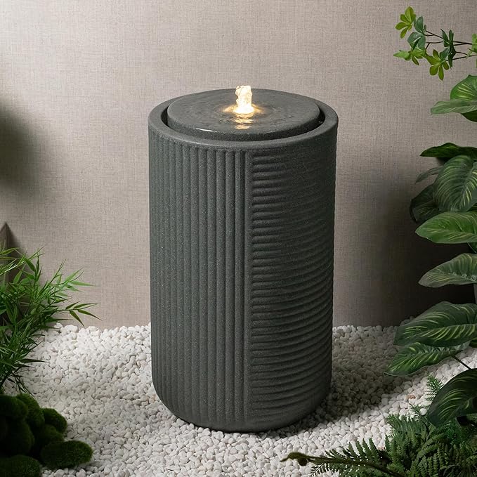 23.22” H Outdoor Water Fountain Made with Eco-Friendly Recyclable Materials, Polyethylene Round Bubbler Water Fountain Outdoor, Garden Decor with LED Light for Patio, Porch, Backyard