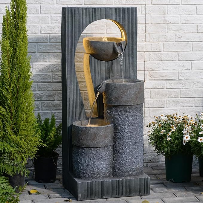 Outdoor Water Fountain for Patio & Garden, 41" Modern Stone-Look Fountain with LED Lights & Cascading Waterfall – UV-Resistant Freestanding Indoor/Outdoor Water Feature