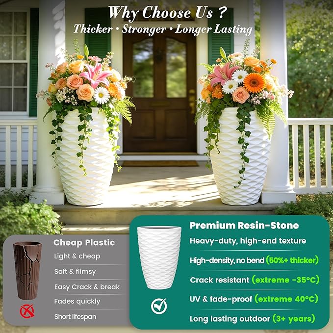 19" Nordic Wavy Tall Outdoor Planters, Set of 2 Ultra Durable Resin Large Flower with Drainage Holes, Weather-Resistant Outdoor Planters for Garden Patio Porch Balcony Living Room Office Decor