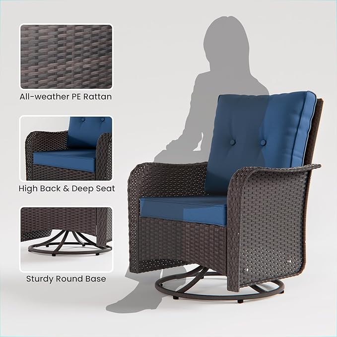 10 PCS Outdoor Patio Furniture Set,Outdoor Sectional Furniture with 43" 55000 BTU Gas Propane Fire Pit Table,PE Rattan Wicker Patio Conversation Set,Swivel Rocking Chairs Set,Navy Blue