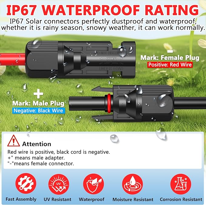 Vansdon 2x40 Feet Solar Panel Extension Cable, 10AWG Solar Cable, Solar Panel Cable with Female and Male Waterproof Connectors for RV, Photovoltaic Systems (40FT Red + 40FT Black) - Image 4