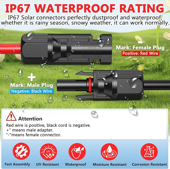Vansdon 2x20 Feet Solar Panel Extension Cable, 12AWG Solar Cable, Solar Panel Cable with Female and Male Waterproof Connectors for RV, Photovoltaic Systems (20FT Red + 20FT Black) - Image 4