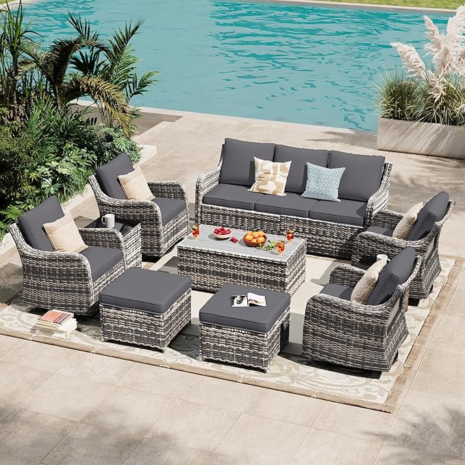 MEISSALIVVE Patio Furniture Set with Swivel Rocking Chairs, 10 Pieces Patio Conversation Set, Outdoor Wicker Sofa Couch with Waterproof Cushions for Lawn Backyard Porch (Grey)