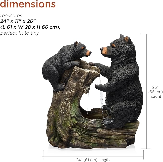 Alpine Corporation USA1132 Indoor/Outdoor Floor Bear and Cub on Log Fountain, Playful Bear and Cub Garden Fountain 26", Black