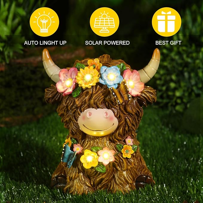 Highland Cow Resin Figurine Highland Cow Statue Christmas Outdoor Decor with Flower for Patio, Yard, Gift for Mom, Calf Gnome Herd Lovers (Classic)