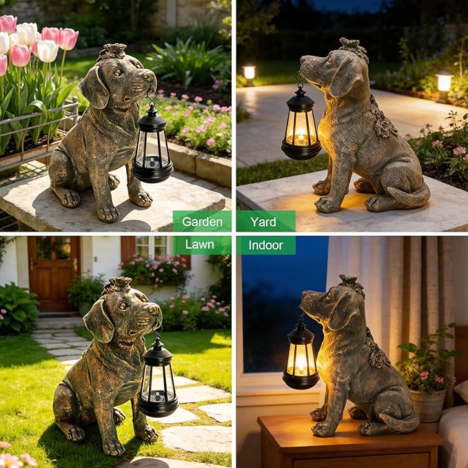 Solar Garden Statue Dog Figurine Decor with Lantern Lights, Outdoor Decoration Solar Dog Sculptures for Outside Patio Lawn Balcony Yard Ornament, Dogs Lover Gifts for Women Mom Grandma Birthday