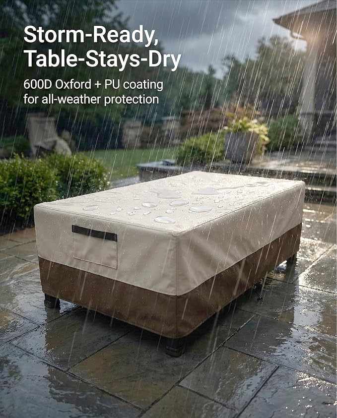 Waterproof Patio Coffee Table Cover, 600D Heavy Duty Outdoor Furniture Covers, Weather & UV Resistant, Windproof with Buckles, Rectangular Table Cover for Backyard Patio 48 x 28 x 16 in, Beige & Brown - Image 4