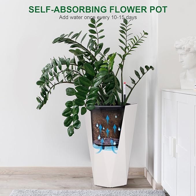 GarveeLife 22.5 in Tall Diamond Planters Set of 2, Self Watering Planters with Water Level Monitor and Wheels, Flower Pots Outdoor and Indoor for Patio, Porch, Living Room, Home Office, White