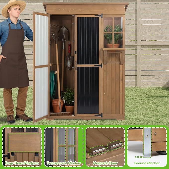 51" L Outdoor Storage Cabinet Waterproof with Shelves, Outside Storage Shed Backyard Tall Cabinet with Fold-Out Table for Patio, Garage, Garden, Pool Accessories Storage - Image 4