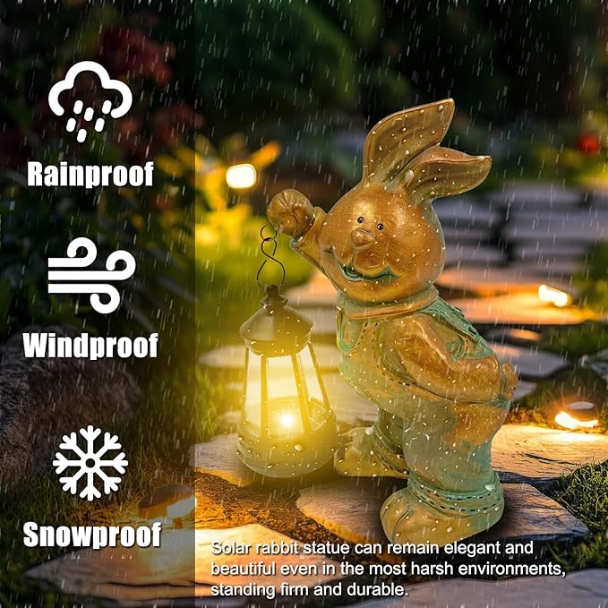 Outdoor Bunny Statue Solar Lantern for Garden Yard Lawn Patio Bronze Rabbit Figurine Decorations Housewarming for Mom Grandma Women