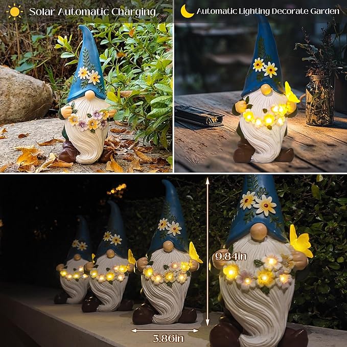 DKJOCKY Gnome Garden Decor Statue with Solar Light Lantern, Funny Waterproof Resin Figurine Outdoor Decorations for Yard Patio Lawn Balcony Porch, Birthday Gifts for Women Mom Grandma