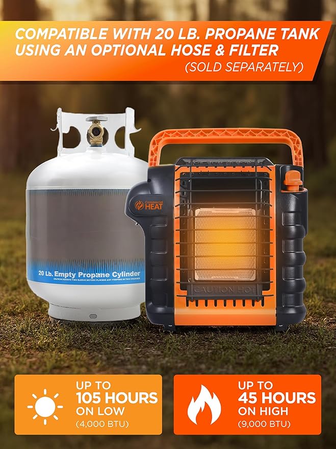 9000 BTU Portable Propane Heater for Outdoor Use, Patio Heater for Up To 300 Sq. Ft., 2 Heat Settings, Swivel Regulator Connects to 1 lb. Propane Tank, CHP9000O, Orange