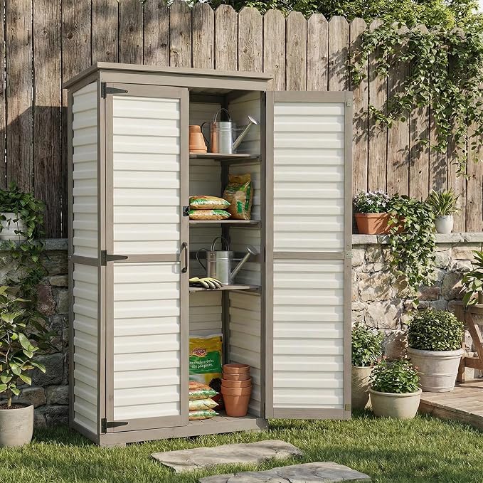 Outdoor Storage Cabinet with Shelves, Lockable Garden Shed, Wood & Plastic Weatherproof Outside Tool Cabinet for Patio, Backyard, Balcony White by PETSCOSSET