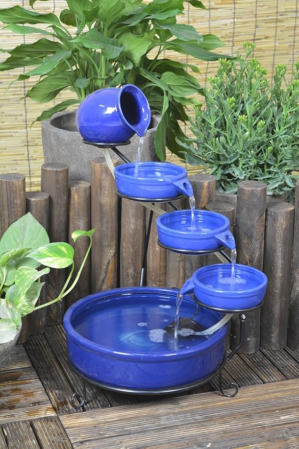 ASC Cascade Ceramic Solar Water Fountain Bowls 5 Tierd with Panel Pump Cascading Garden Decoration Bird Iron Frame (Blue Daytime)