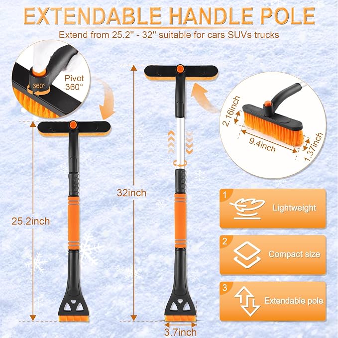 LivTee 32" Extendable Ice Scraper & Snow Brush for Car Windshield, 360?? Rotating Snow Removal Tool for Cars, Trucks & SUVs, Automotive Winter Essentials & Car Accessories for Men, Orange - Image 3