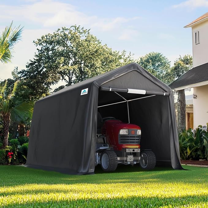 ADVANCE OUTDOOR 8x14 ft Steel Metal Peak Roof Portable Garage Shelter Storage Shed Carport for Motorcycle, Bike or Garden Tools with 2 Roll up Doors & Vents, Gray by ADVANCEOUTDOOR